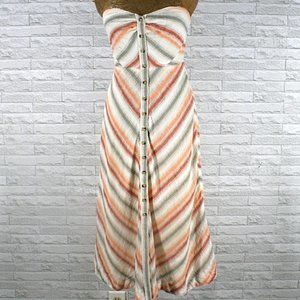 FREE PEOPLE Dress Striking Stipe Linen Cotton Strapless Sundress Peach X-Small